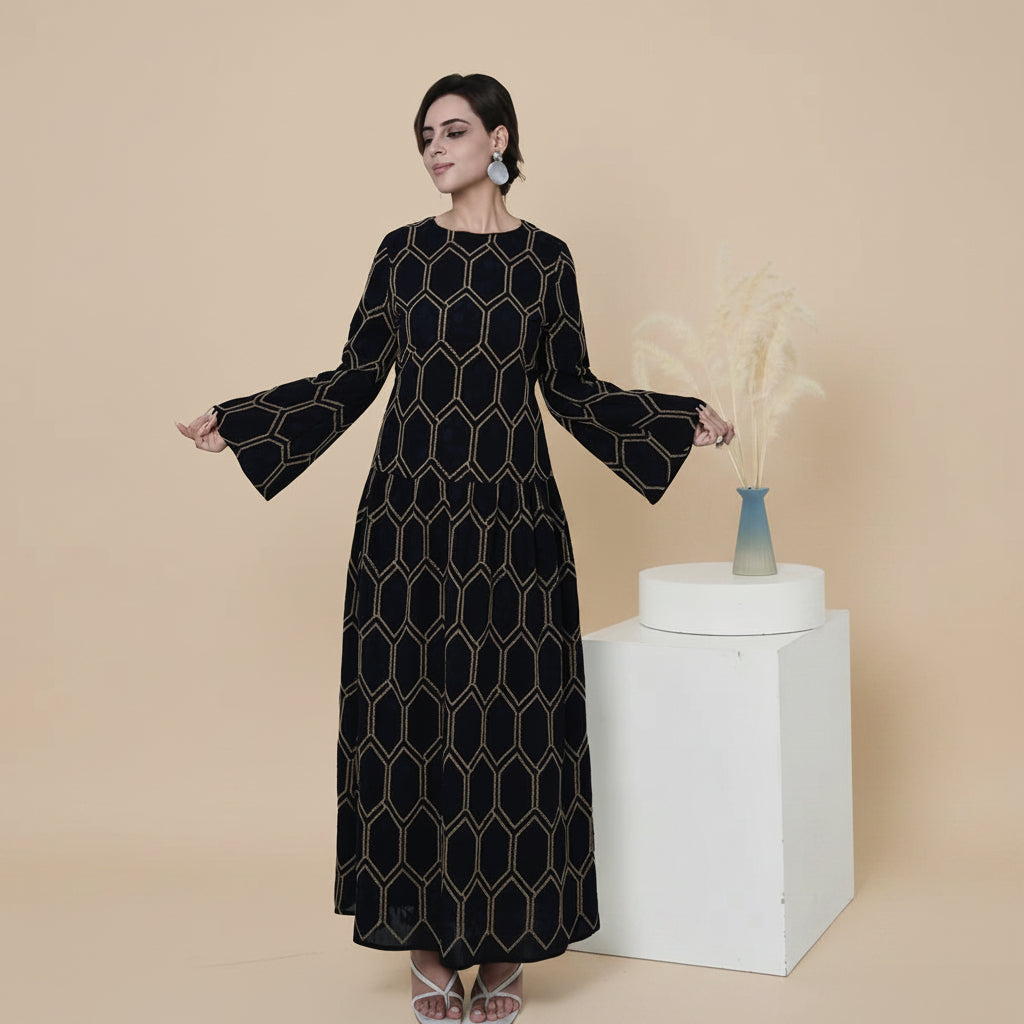 Embroidery Abaya Dress With Linen For Women - Black/Apricot - #261095