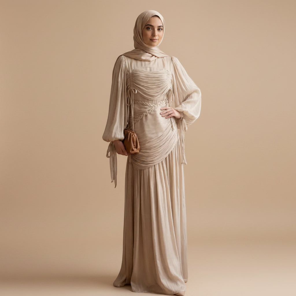 Luxury Puff Sleeve Collar Pleated Abaya Dress #261238