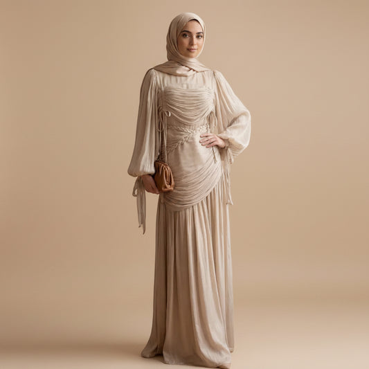 Luxury Puff Sleeve Collar Pleated Abaya Dress #261238