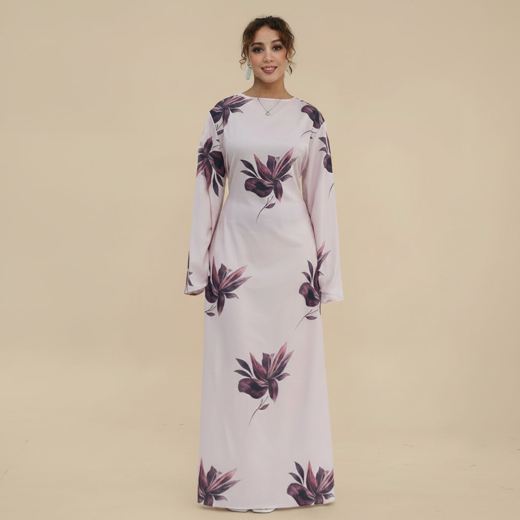Printed Abaya Dress For Women - Black/Pink/Maroon - #261277