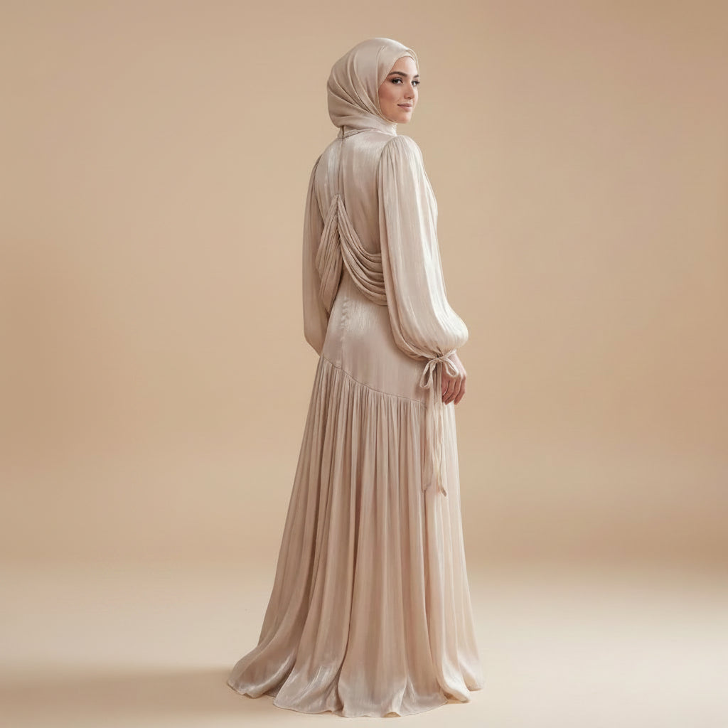 Luxury Puff Sleeve Collar Pleated Abaya Dress #261238