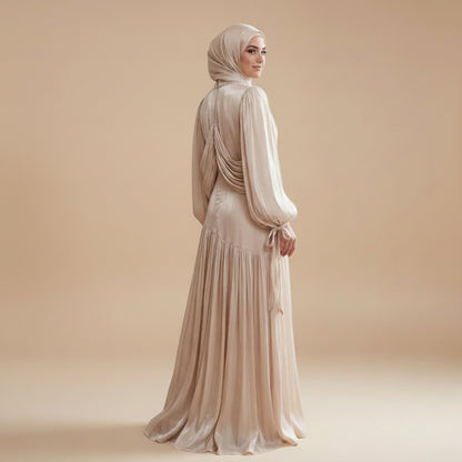 Luxury Puff Sleeve Collar Pleated Abaya Dress #261238