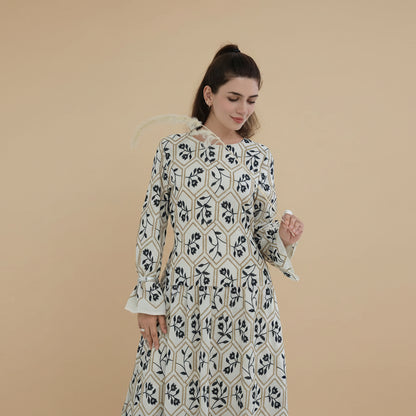 Embroidery Abaya Dress With Linen For Women - Black/Apricot - #261095