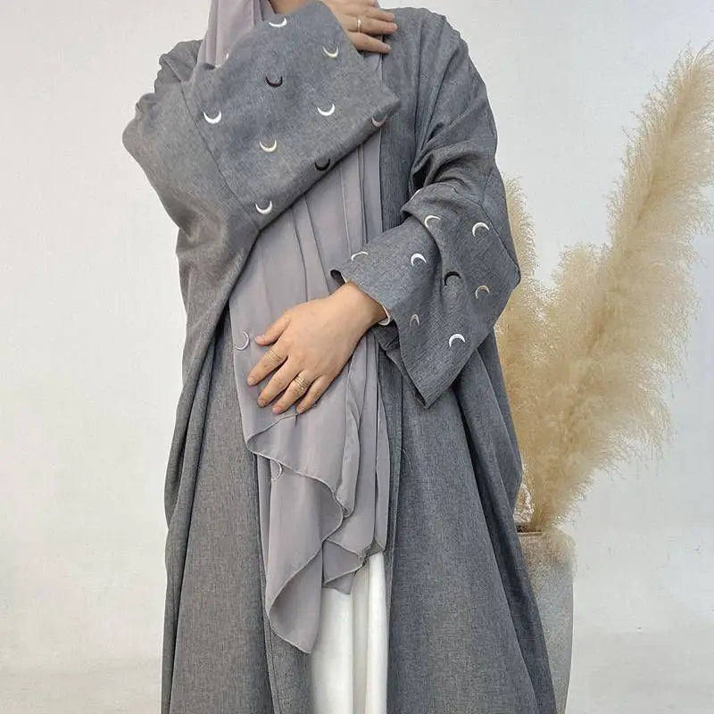 Moon Embroidery Cotton Blend Cardigan Open Abaya Dress