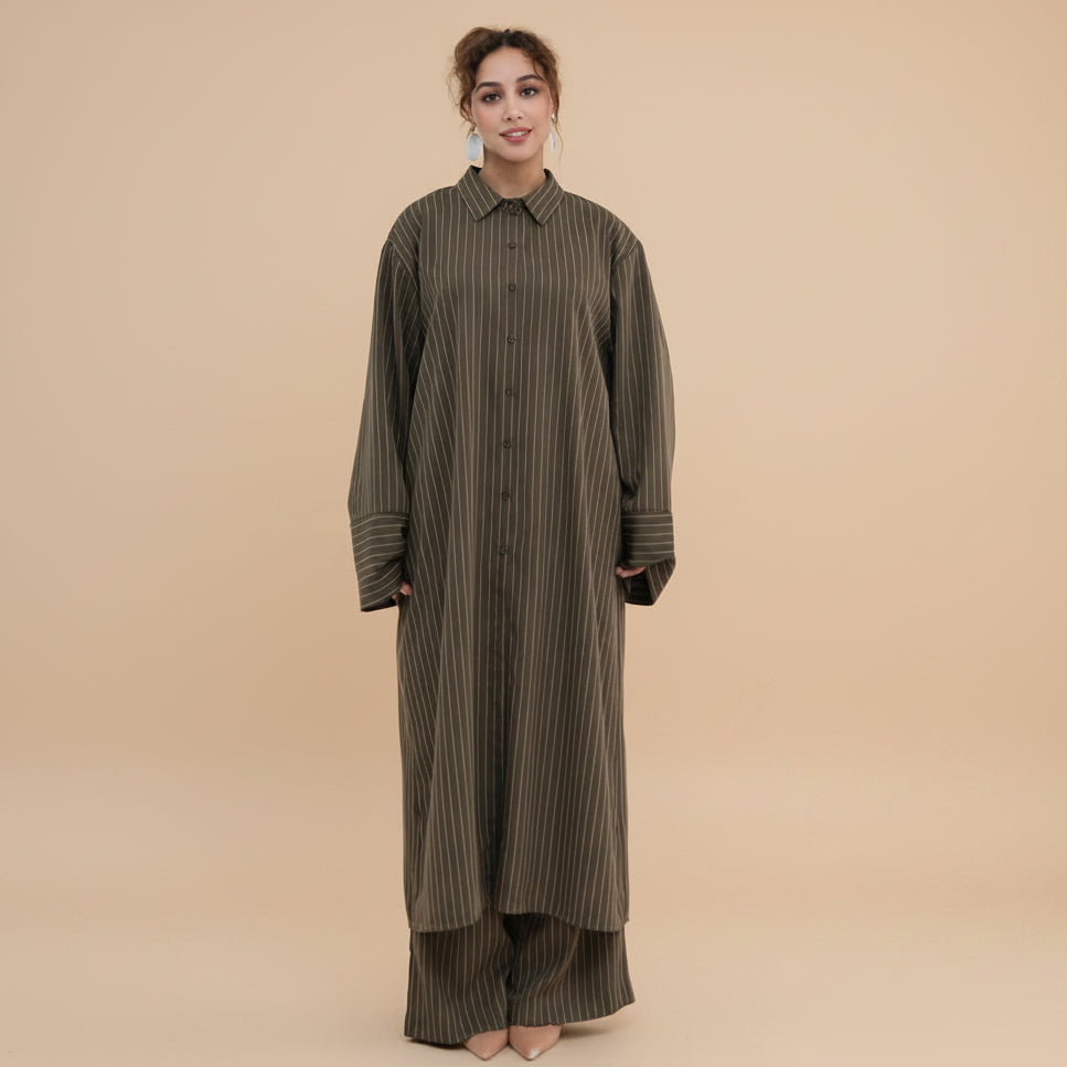 2 Pieces Set Abaya Tops And Pants Suit Set - With Stripe Pattern - Muslim Women Daily Wear - #261293