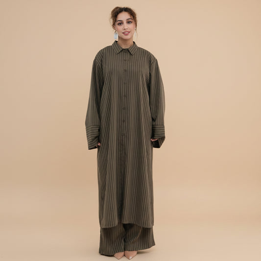 2 Pieces Set Abaya Tops And Pants Suit Set - With Stripe Pattern - Muslim Women Daily Wear - #261293