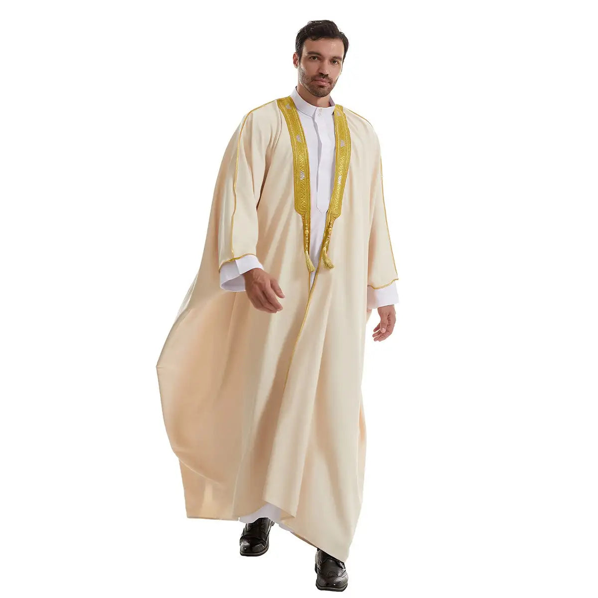 Thick Fabric Tassel Gold Embroidery Men Bisht - Black/Beige/White/Tan