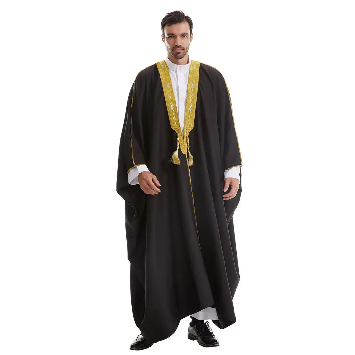 Thick Fabric Tassel Gold Embroidery Men Bisht - Black/Beige/White/Tan