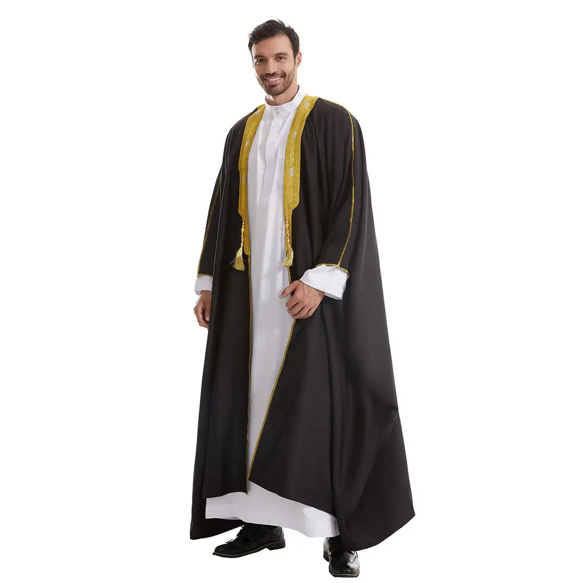 Thick Fabric Tassel Gold Embroidery Men Bisht - Black/Beige/White/Tan