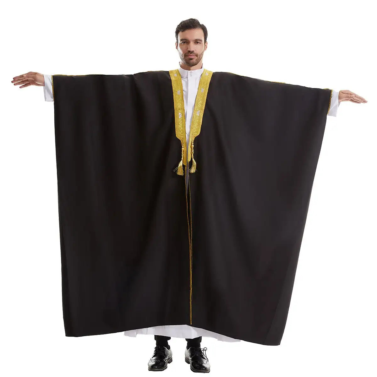 Thick Fabric Tassel Gold Embroidery Men Bisht - Black/Beige/White/Tan