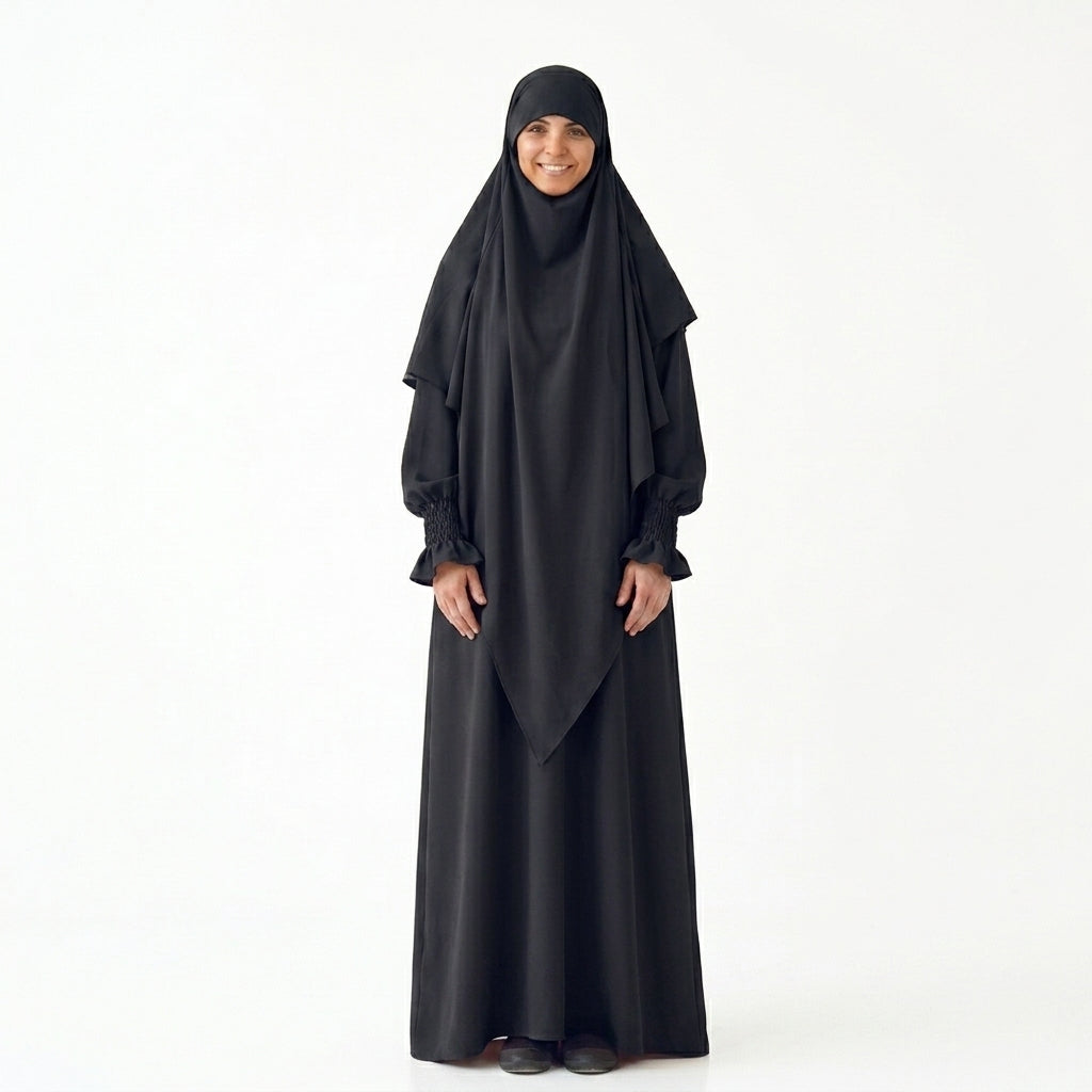 2 Pieces Set Jilbab Robe Prayer Dress With Two Layers Khimar For Arab Women