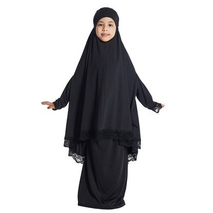 Muslim Girl Jilbab Suit Prayer Dress 2 Pieces Set With Tops Robe Jilbab And Skirt