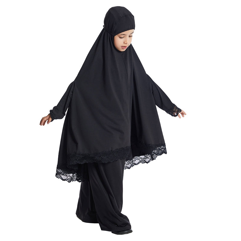 Muslim Girl Jilbab Suit Prayer Dress 2 Pieces Set With Tops Robe Jilbab And Skirt