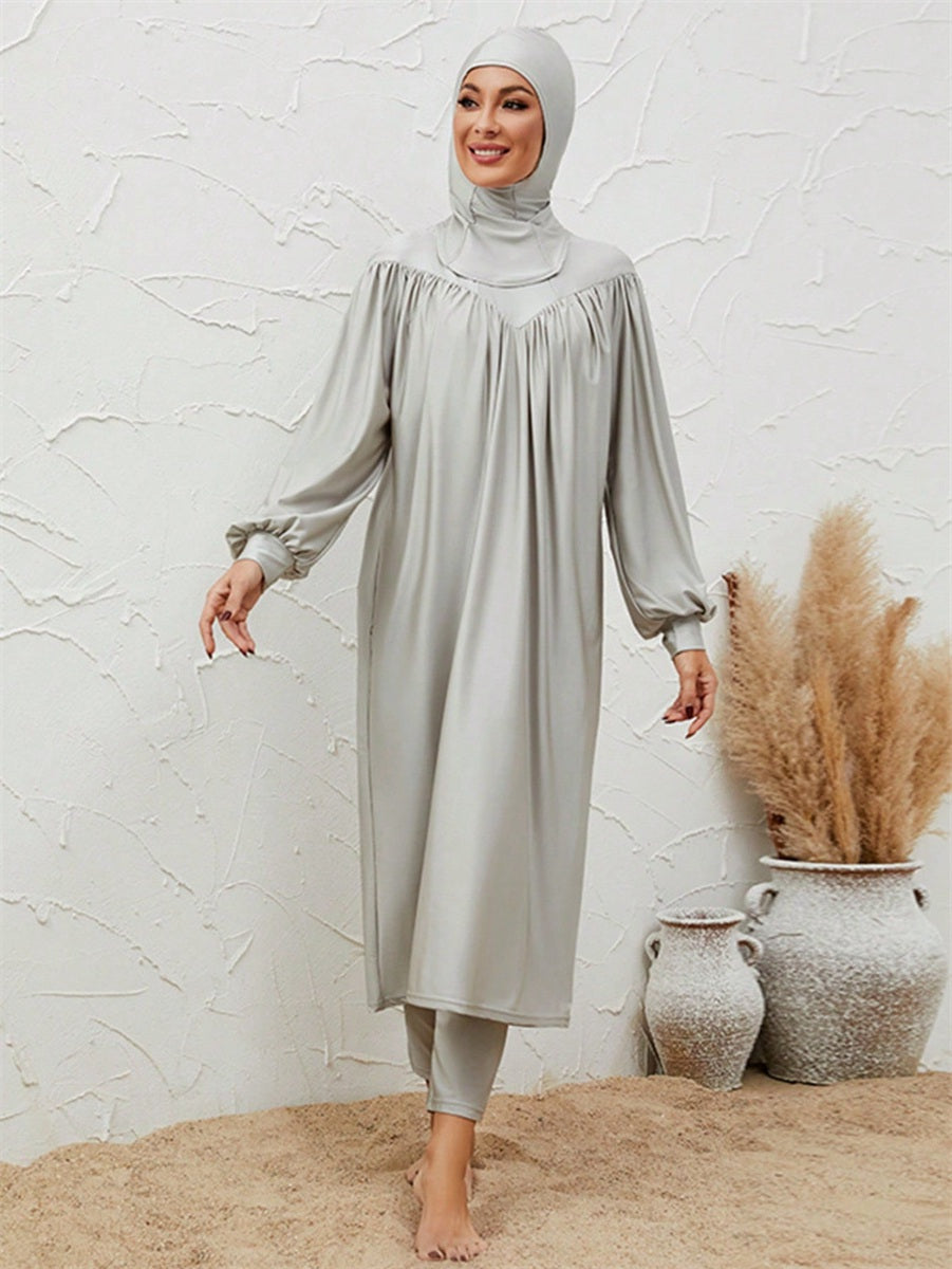 Muslim Burkini 3 Pieces Set Swimsuit Swimwear - Islamic Halal Bathing Suit - Gray - #2611031