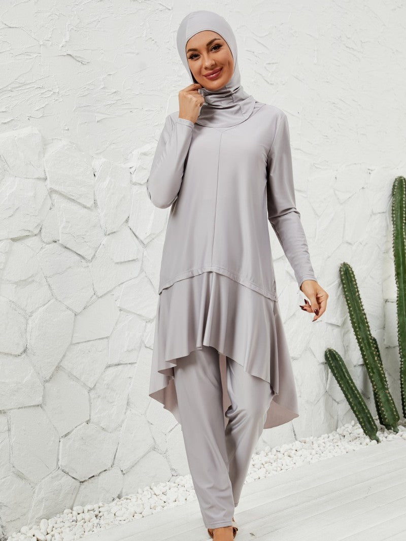 Muslim Burkini 3 Pieces Set Swimsuit Swimwear - Islamic Halal Bathing Suit - Gray - #2611091