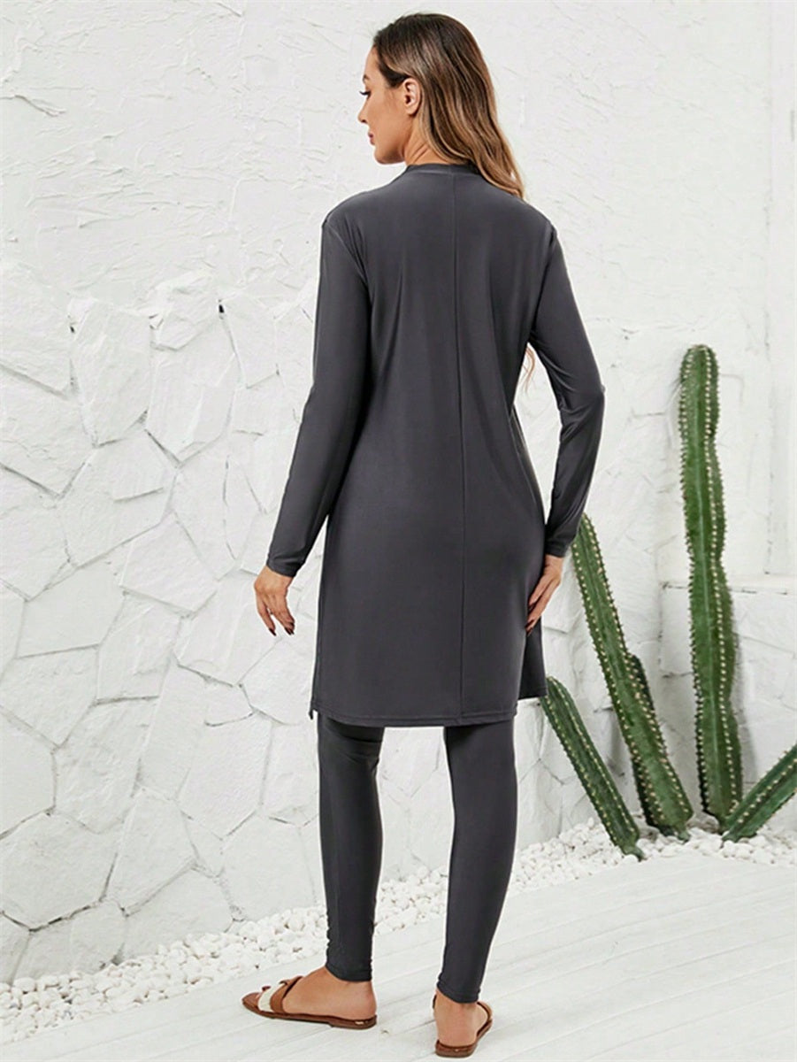 Muslim Burkini 3 Pieces Set Swimsuit Swimwear - Islamic Halal Bathing Suit - Dark Gray - #2611064
