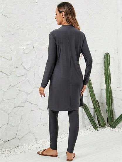 Muslim Burkini 3 Pieces Set Swimsuit Swimwear - Islamic Halal Bathing Suit - Dark Gray - #2611064