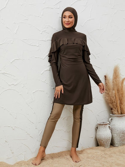 Muslim Burkini 3 Pieces Set Swimsuit Swimwear - Islamic Halal Bathing Suit - Coffee - #2611064