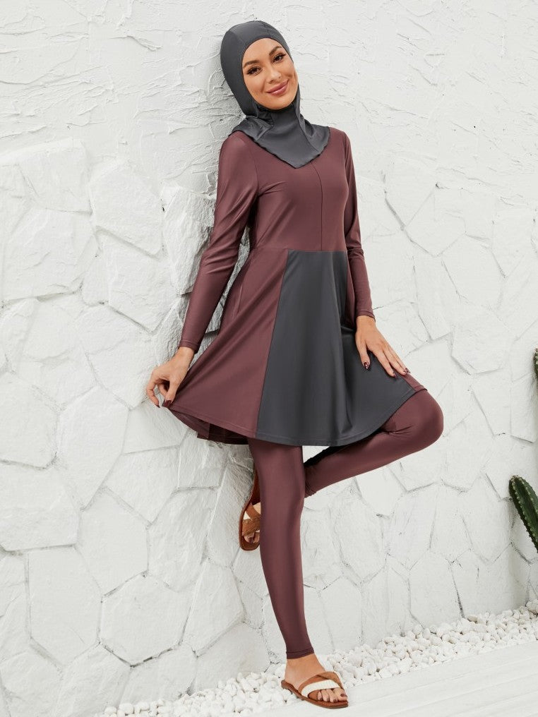 Muslim Burkini 3 Pieces Set Swimsuit Swimwear - Islamic Halal Bathing Suit - Red-purple - #2611064