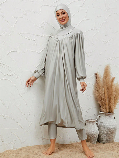 Muslim Burkini 3 Pieces Set Swimsuit Swimwear - Islamic Halal Bathing Suit - Gray - #2611031