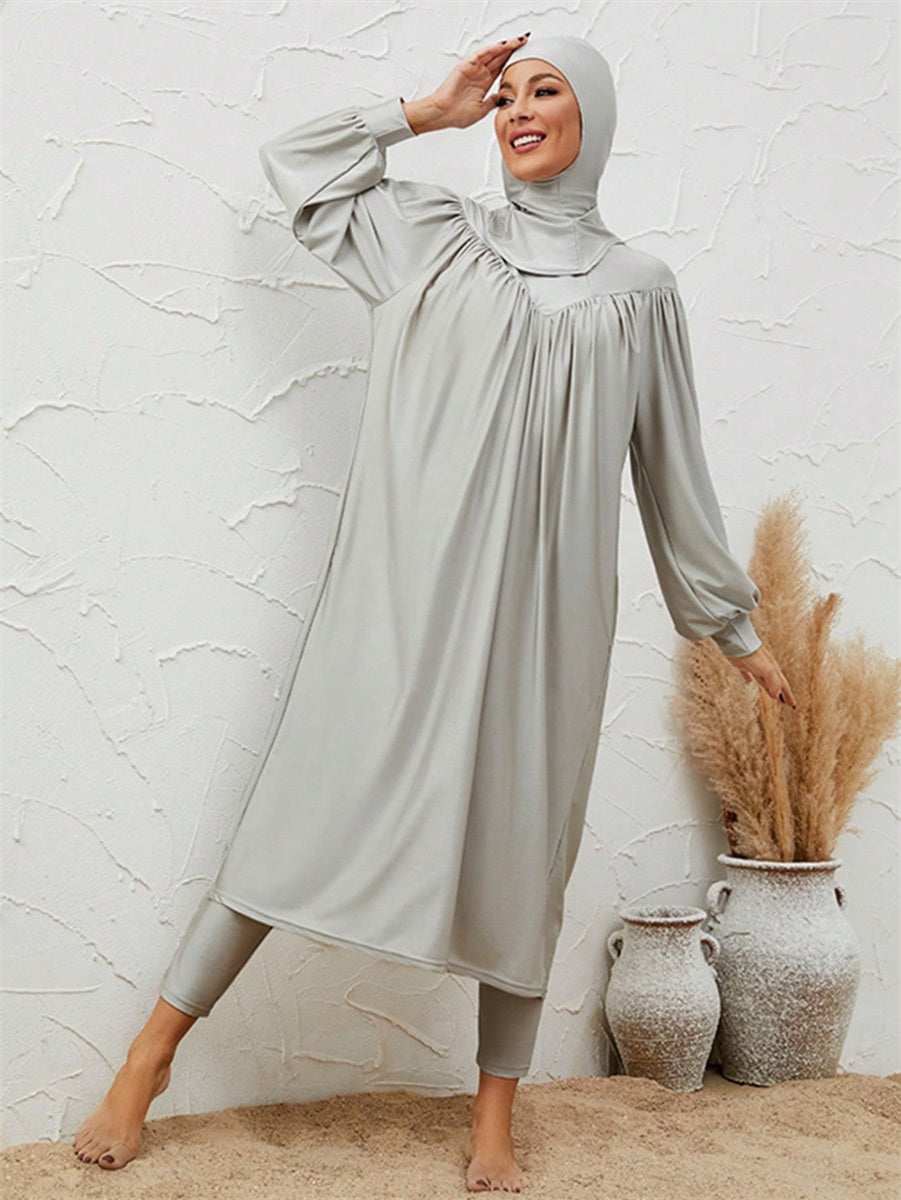 Muslim Burkini 3 Pieces Set Swimsuit Swimwear - Islamic Halal Bathing Suit - Gray - #2611031