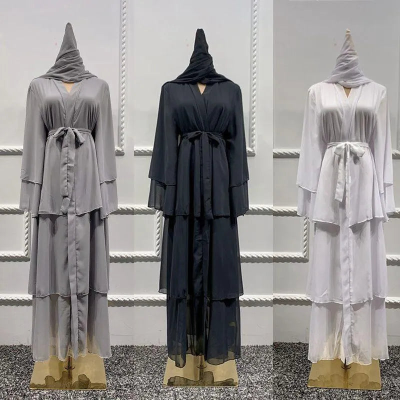 Abaya Women Chiffon Three-layer Chiffon Big Swing Hijab Dresses Caf