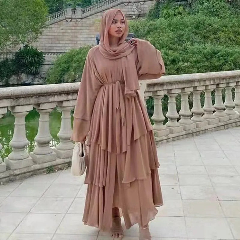 Muslim Women 3 Layer Chiffon Open Abaya Dress With Hijab