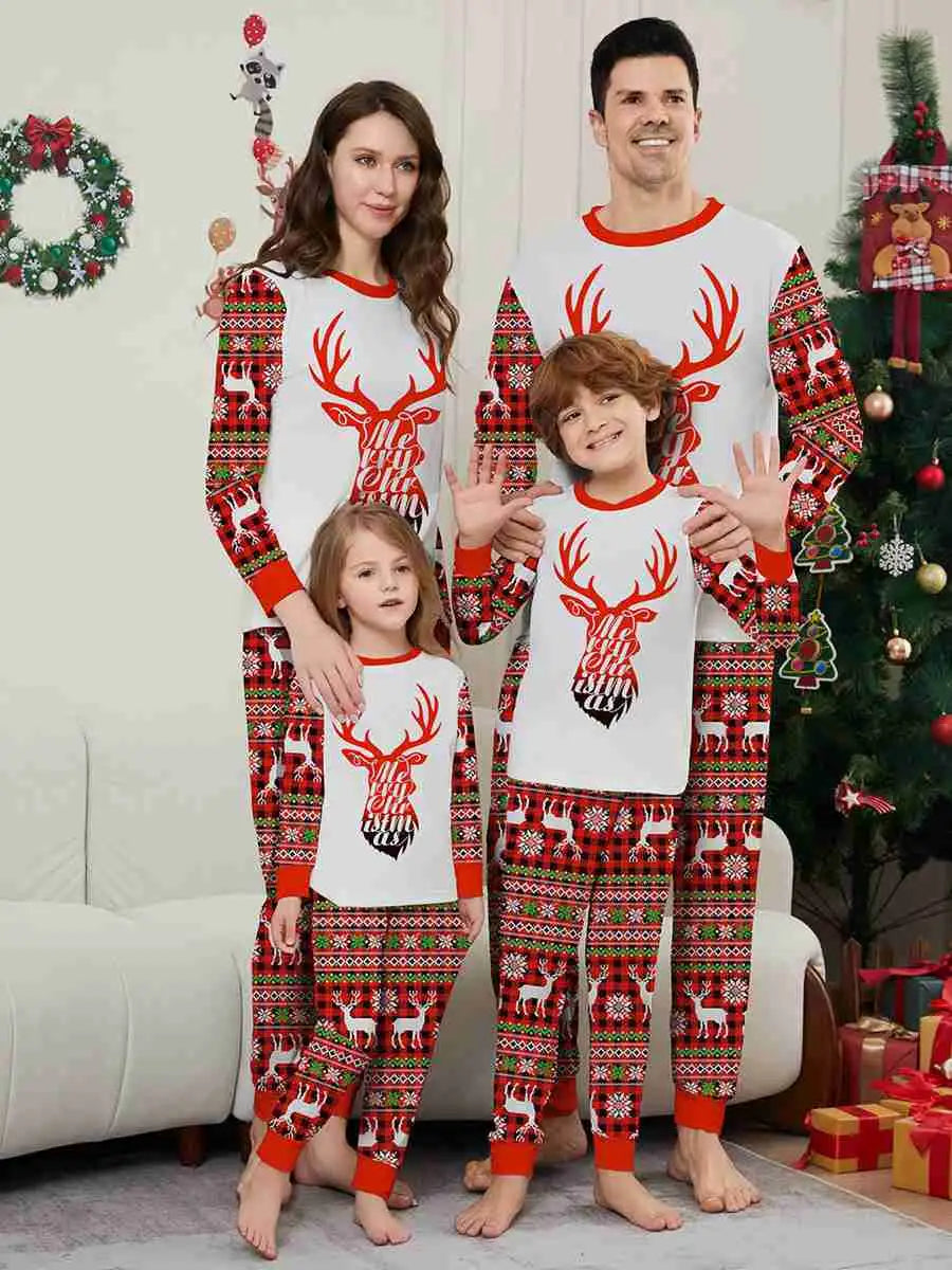 Reindeer Head Christmas Matching Family Pajamas Pjs Set