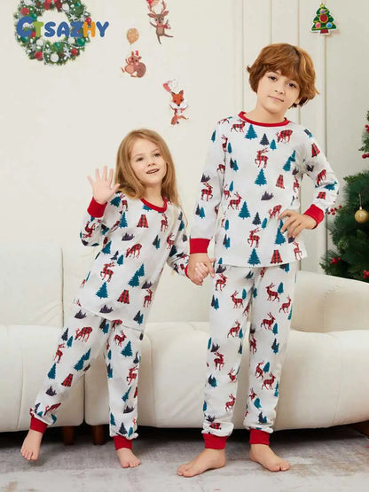 Reindeer Printed Christmas Matching Family Pajamas Pjs Set #24516