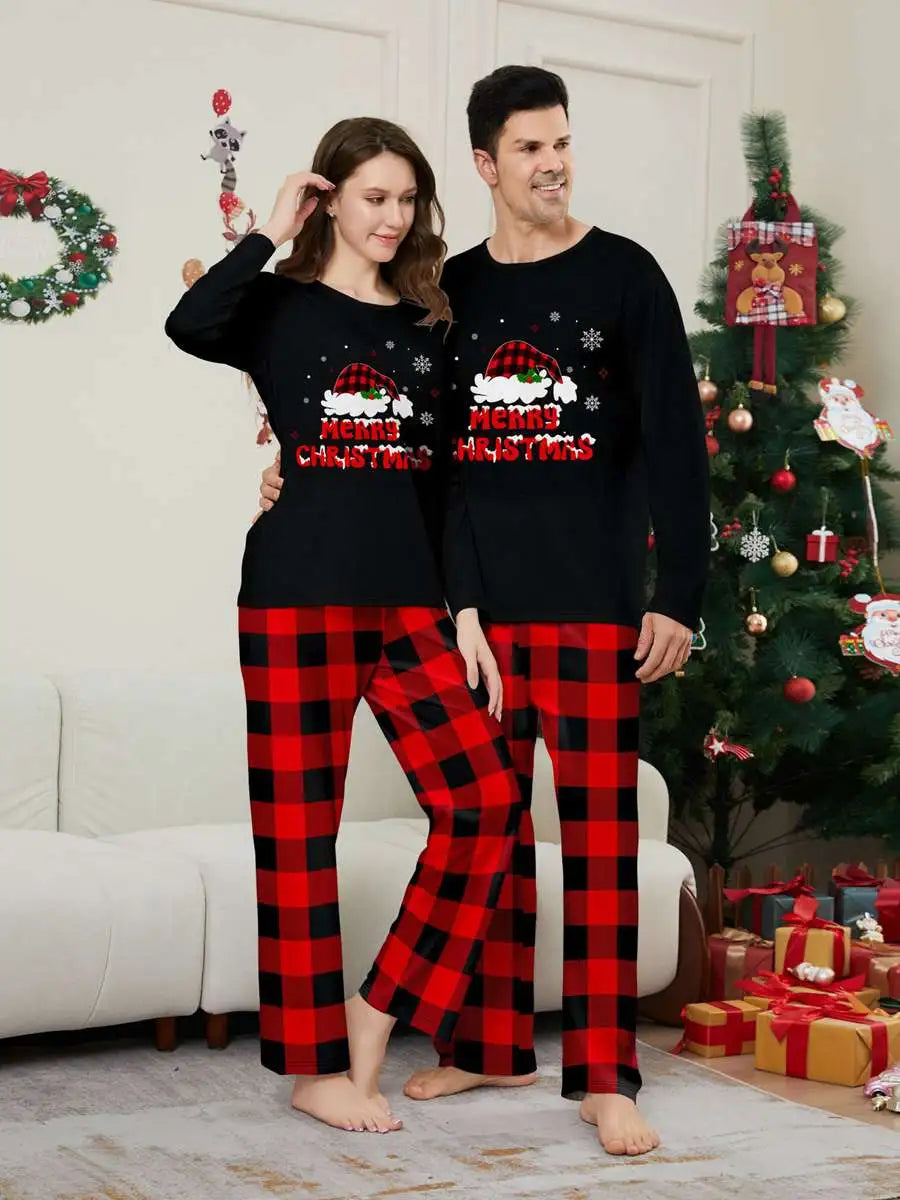 Santa Hat Printed Christmas Matching Family Pajamas Pjs Set #24575