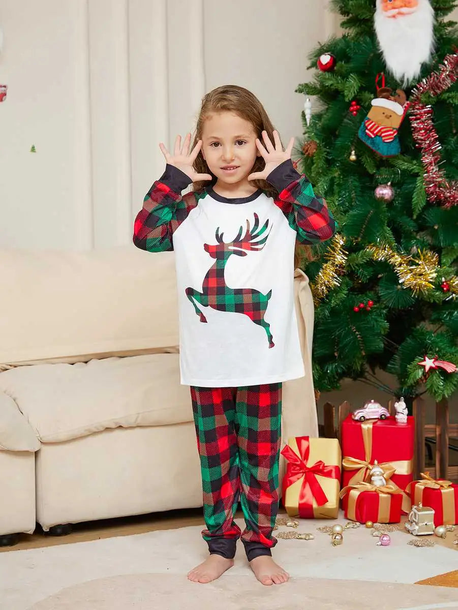 Plaid Reindeer Christmas Matching Family Pajamas Pjs Set #24321