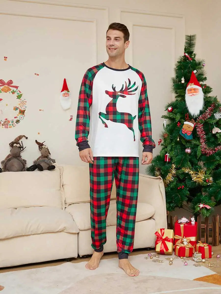 Plaid Reindeer Christmas Matching Family Pajamas Pjs Set #24321