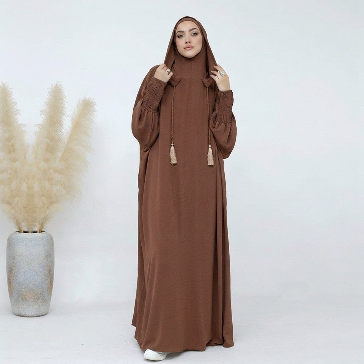 Muslim Women Hooded Abaya Prayer Dress Cotton Blend Jilbab Halal Clothing