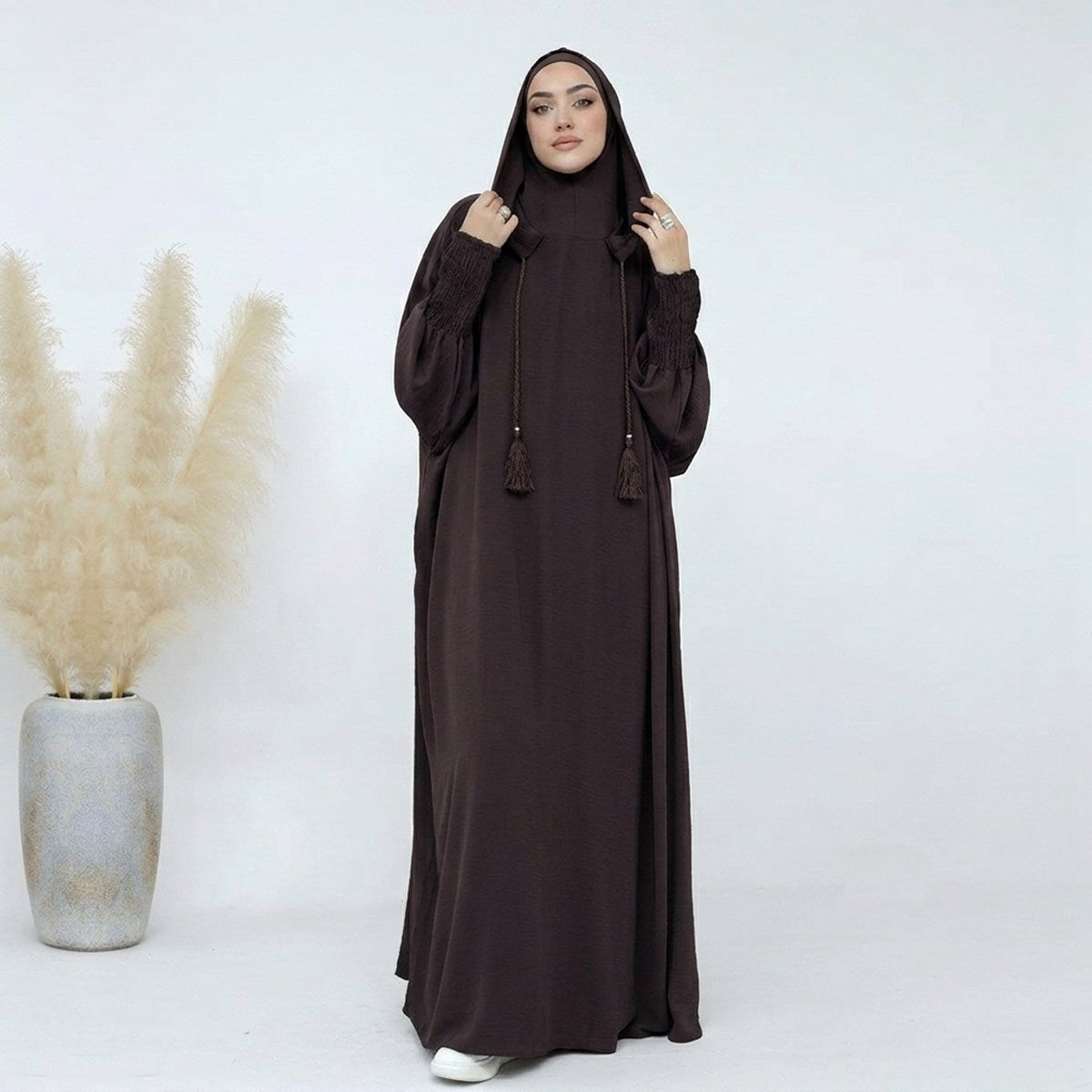 Muslim Women Hooded Abaya Prayer Dress Cotton Blend Jilbab Halal Clothing