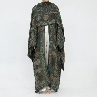 Hotfix Rhinestone Muslim Women Open Abaya With A Matching Hijab #261314