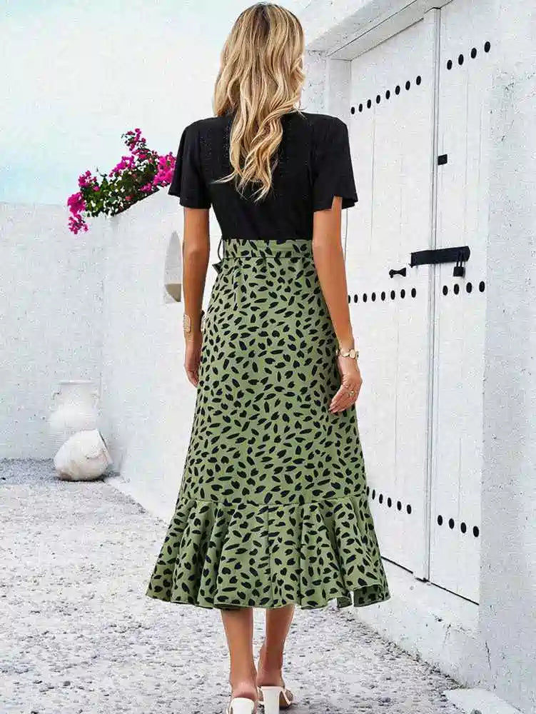 V Neck Printed Color Contrast Dress #252345