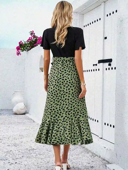 V Neck Printed Color Contrast Dress #252345