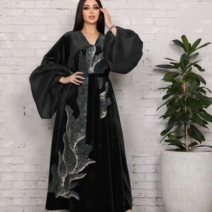 Velvet Embroidery Puff Sleeve Abaya Women Kaftan Caftan Dress