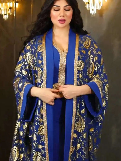 Bronzing Eid Dress 2 Pieces Set Muslim Women Caftan Kaftan Dress With Inner Sleeveless Dress