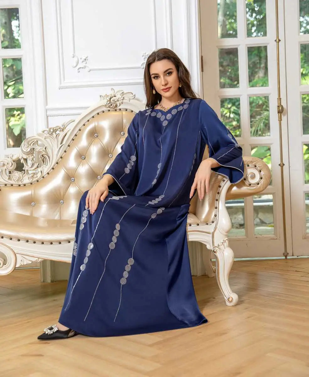 Eid Dress Hotfix Rhinestone Satin Jalabiya Caftan Kaftan Dress