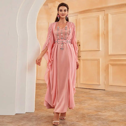 Hand-stitched Rhinestone 2 Pieces Set Caftan Kaftan Dress With Inner Sleeveless Dress #252507