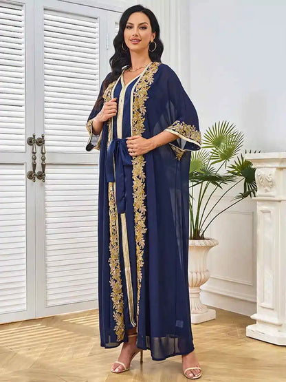 Beaded Eid 2 Pieces Set Batwing Sleeve Farasha Caftan Kaftan Dress #25264