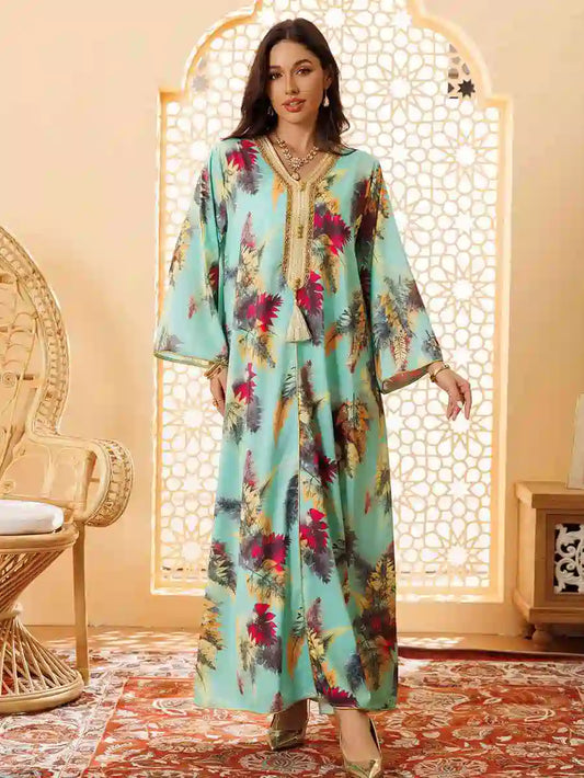 Hotfix Rhinestone Printed Eid Caftan Kaftan Dress #24434