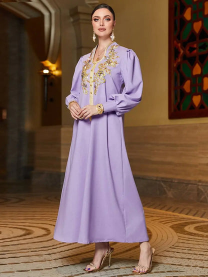 Hand-stitched Rhinestone Lace Applique Caftan Kaftan Dress