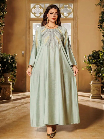 Eid Embroidered Hotfix Rhinestone Caftan Kaftan Dress