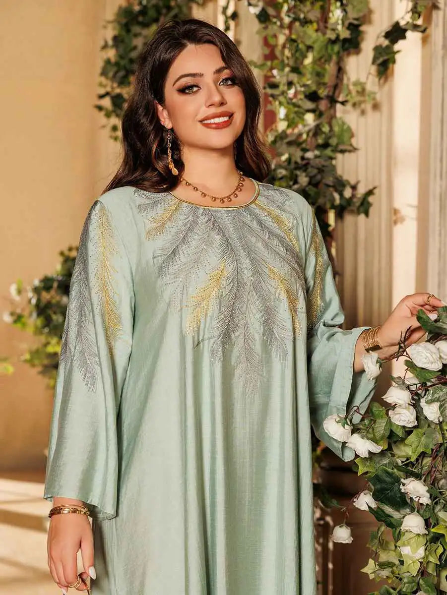 Eid Embroidered Hotfix Rhinestone Caftan Kaftan Dress