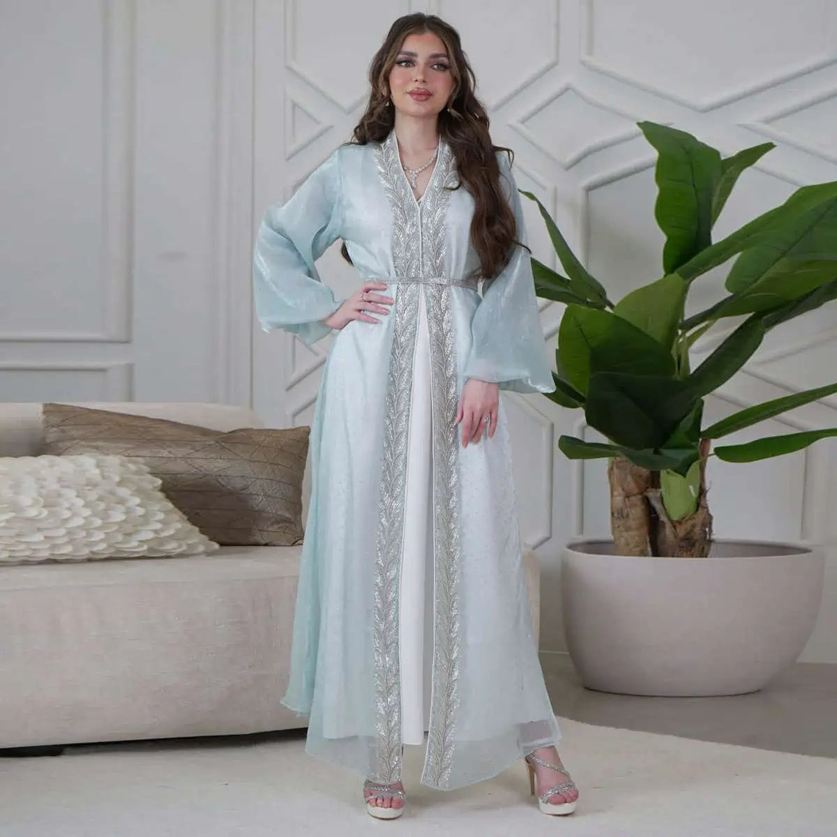 2 Pieces Set Hotfix Rhinestones Caftan Kaftan Dress With Inner Sleeveless Dress #25453