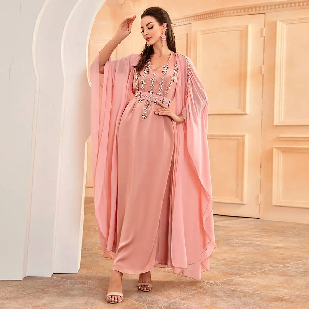 Hand-stitched Rhinestone 2 Pieces Set Caftan Kaftan Dress With Inner Sleeveless Dress #252507