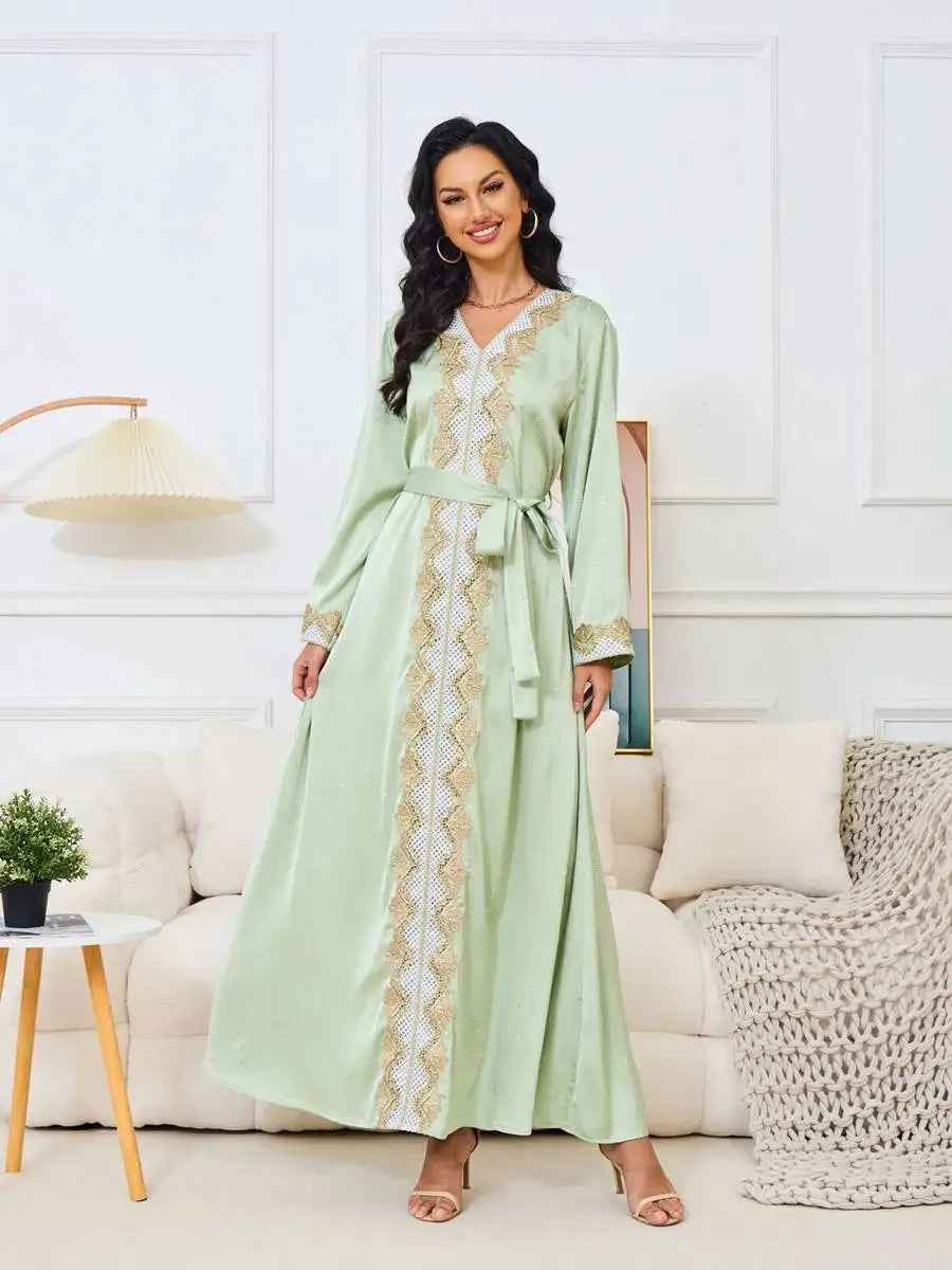 Hotfix Rhinestone Eid Dress Muslim Women Caftan Kaftan Dress