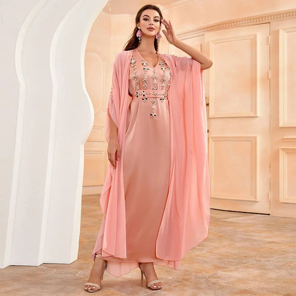 Hand-stitched Rhinestone 2 Pieces Set Caftan Kaftan Dress With Inner Sleeveless Dress #252507